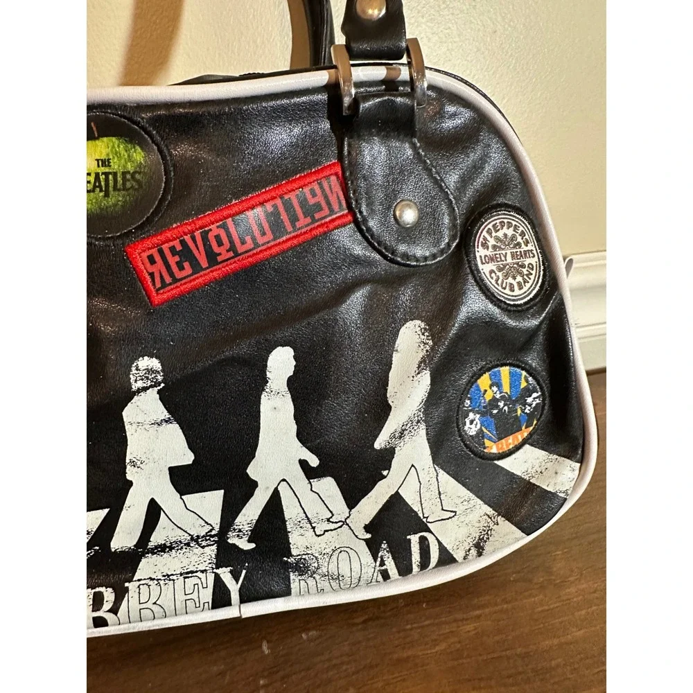 The Beatles Abbey Road Black Faux Leather Bowler Bag Satchel Rock Band Patches - Picture 4 of 11